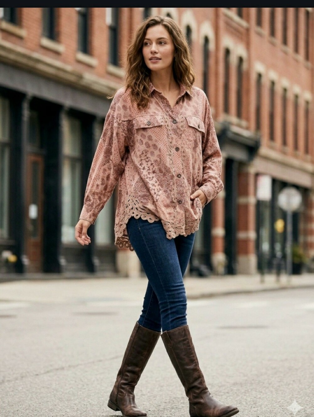gimmicks by BKE Blush Paisley Parchwork Button-Down Tunic Top Crochet Hem M B60